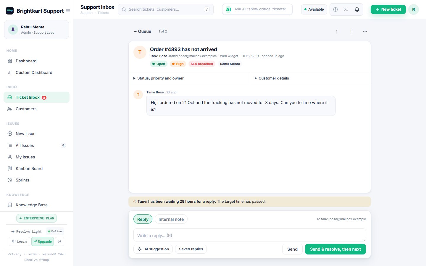 Focus mode showing one conversation with a Send and resolve, then next button