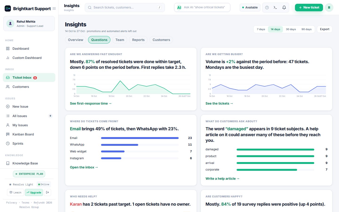The Insights Questions tab with plain-language answers